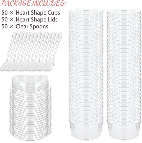 Miniatura 8 de Paquete de 50 tazas de postre en forma de corazón de 5 onzas con tapas y cucharas, mini tazas de postre para servir en fiestas, parfait, queso