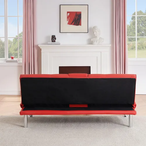 Miniatura 5 de Sofá cama plegable doble multifuncional de 67 pulgadas con 2 portavasos, sofá biplaza de cuero con reposabrazos extraíbles, sofá cama plegable Rojo