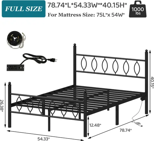 Miniatura 2 de Marco de Cama Tamaño Full con Cabecero, Marco de Cama Plataforma de Metal Negro Tamaño Full con Estación de Carga y Luces LED, Almacenamiento Bajo