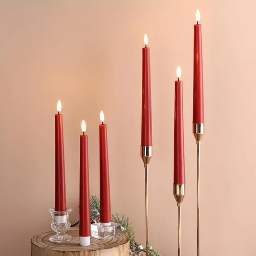 Miniatura 6 de Eywamage Juego de 6 velas cónicas sin llama rojas con control remoto, parpadeantes con batería LED de cera para decoración del hogar Rojo