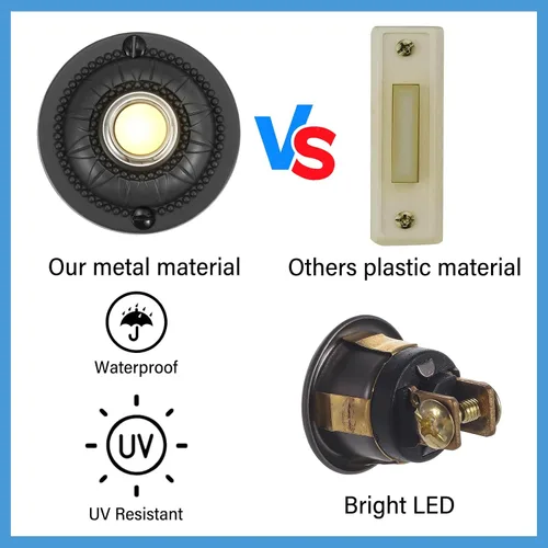 Miniatura 4 de Botón de timbre iluminado de metal resistente, interruptor de timbre de puerta LED redondo negro de 2 pulgadas, botones montados en la pared