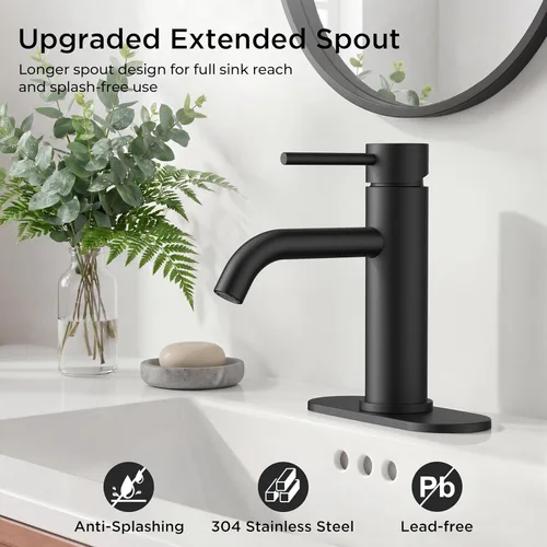 Miniatura 2 de FORIOUS - Grifos de baño negro mate de 1 agujero, grifo de lavabo de acero inoxidable con desagüe emergente de metal y manguera de suministro