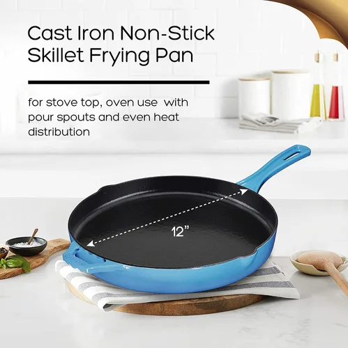 Miniatura 4 de Bruntmor Sartén de hierro fundido pre-sazonado azul de 12 pulgadas, sartén segura para horno de 12 pulgadas, juego de sartenes para parrilla