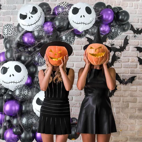 Miniatura 5 de Kit de guirnalda de arco de globos para decoración de Halloween, 101 piezas de globos de látex de confeti morado metálico y negro mate, con globos