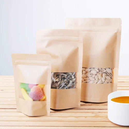 Miniatura 5 de Bolsas de papel kraft de pie 100 unidades, bolsas resellables marrones con ventana para el hogar o negocios, café, bolsas de almacenamiento