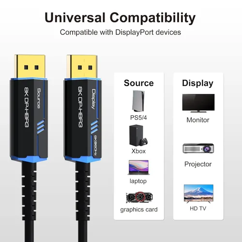 Miniatura 3 de Cable de fibra óptica DP largo de 8 K de 100 pies/98.4 ft, 8K @60Hz, 4K @144Hz, 32.4Gbps Displayport 1.4 cable, conector chapado en oro, cable