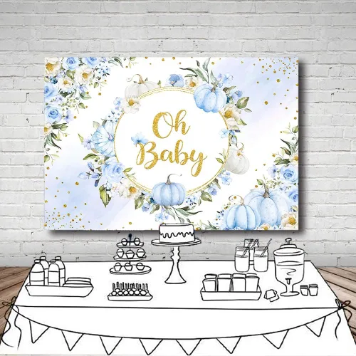 Miniatura 4 de MEHOFOND Fondo de otoño de 7 x 5 pies con diseño de calabaza Oh Baby en colores pastel, acuarela, azul, floral, recién nacido, baby shower