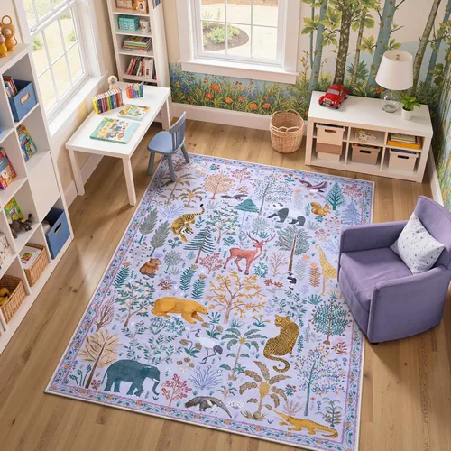 Miniatura 24 de OJIA Alfombras azules con estampado de selva de 5 x 7 pies para sala de estar, suaves, ultrafinas, lavables, para dormitorio, alfombra de entrada