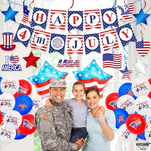 Miniatura 6 de KatchOn, Juego de pancartas con texto en inglés «Happy 4th of July», enormes, paquete de 37, globos del 4 de julio para decoraciones del 4 de julio