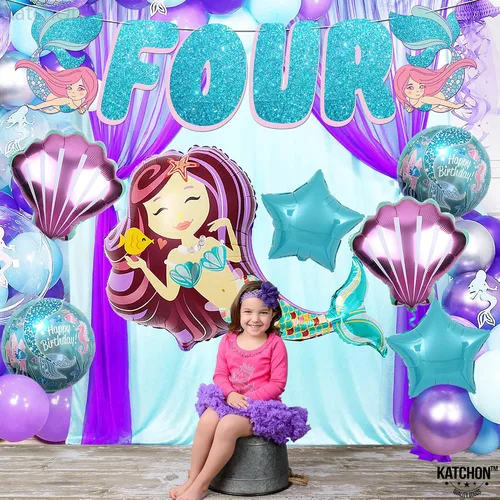 Miniatura 2 de KatchOn Juego de 8 decoraciones de sirena grande para cumpleaños número 4, globos de sirena y cumpleaños para niña de 4 años