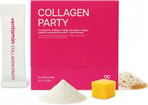 Collagen Party Norwegian Marine Super Collagen Type 1 Péptidos, Komecera, Proline Glicina Mango con sabor para el envejecimiento seco, piel y