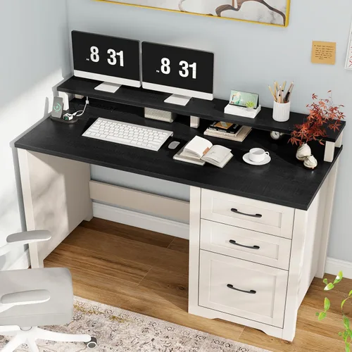 Miniatura 3 de Vabches 47" Farmhouse Executive Desk with Monitor Stand & File Cabinet,3 Drawers Computer Desk with LED Lights and Power Outlets,Workstation for