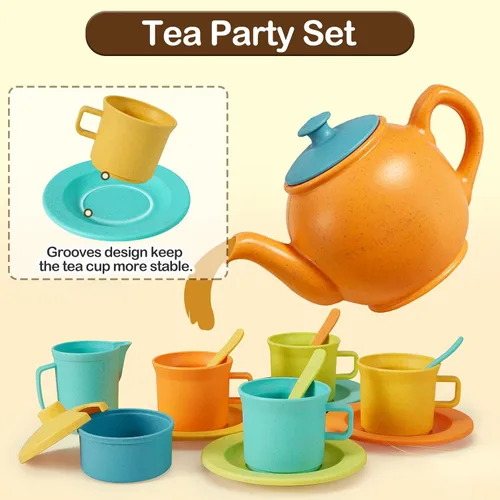 Miniatura 3 de BUYGER Accesorios de cocina para niños y juego de té para niños pequeños de 3 a 5 años, platos de juguete de cocina, utensilios, juego de vajilla