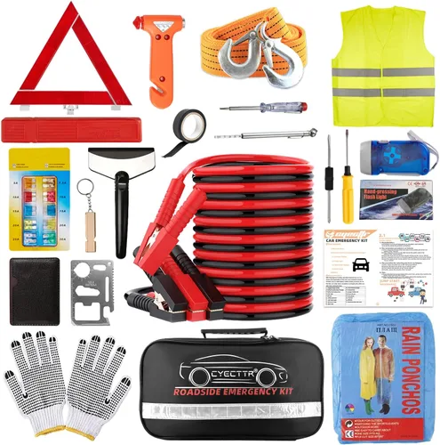 Kit de emergencia en carretera para automóvil, kit de asistencia lateral de emergencia para camiones con cables de puente, martillo de seguridad,