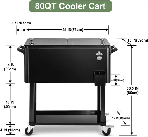 Miniatura 3 de Carrito de hielera rodante de 80 cuartos de galón, carro enfriador para patio, bar de bebidas para fiestas en el patio trasero, con soporte de Negro