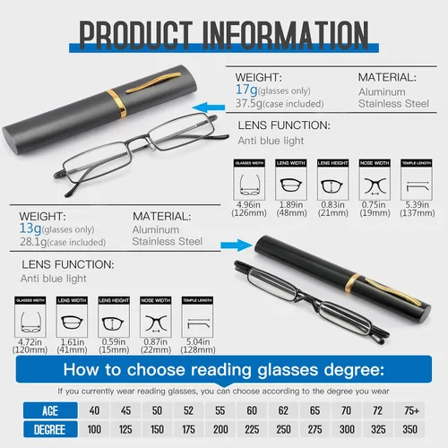 Miniatura 2 de touk Small Portable Reading Glasses Anti Blue Light UV, Compact Slim Pocket Readers with Mini Pen Clip Tube Case 2 Pairs