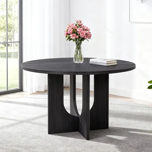 Miniatura 6 de Mesa de comedor redonda de 47 pulgadas para juego de mesa de cocina rústica de 6,7 piezas, mesa de comedor de granja, sillas negras de alta gama