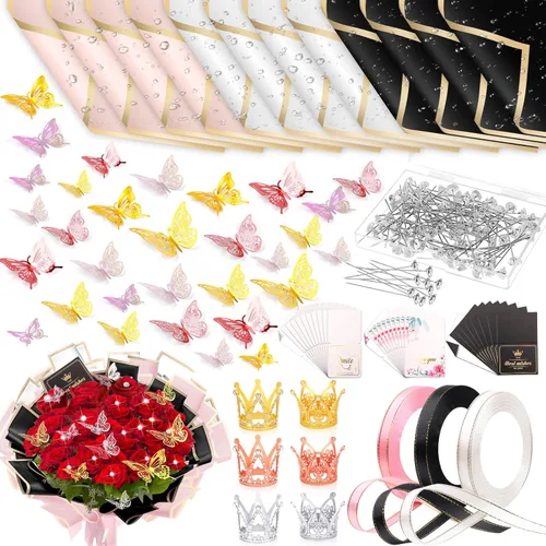 Miniatura 10 de Tetutor 206 Hojas de Papel de Envolver Flores Impermeable, Hojas de Papel de Envolver Ramos, Papeles de Envoltura Floral Ramos con Cintas Alfileres