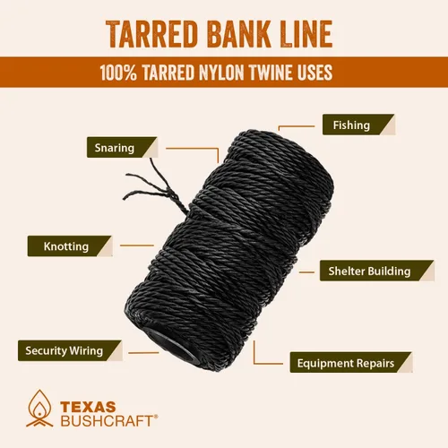 Miniatura 6 de Texas Bushcraft Tarred Bank Line Twine - #36 Cuerda de nailon negro para pesca, camping y supervivencia al aire libre – Cordón resistente