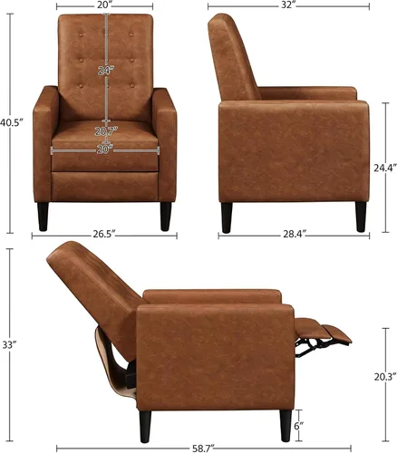 Miniatura 3 de Yaheetech - Sofá reclinable de cuero sintético, silla reclinable individual moderna de mediados de siglo, respaldo y reposapiés ajustables, sofá
