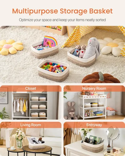 Miniatura 3 de Cesta tejida pequeña, 12 x 8 x 4.5 pulgadas, cesta de almacenamiento para organizar, bonita canasta de cuerda pequeña para estante de armario, cubos