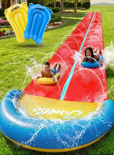 JAMBO 7.3 metros XL Tobogán, Resbaladilla y Aspersor y 2 Tablas de Bodyboard, Tobogán de Agua para Césped de Alta Resistencia, Juguete de Agua de