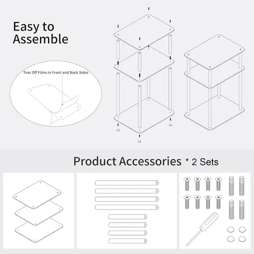 Miniatura 5 de Mesa auxiliar de acrílico transparente, mesa auxiliar de 3 niveles para sala de estar, mesitas de noche pequeñas para dormitorio, juego de 2, mesa