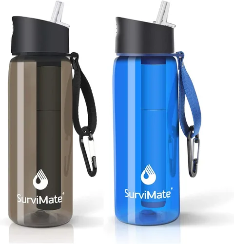 SurviMate Botella de agua purificada para camping, senderismo, mochilero y viajes, sin BPA con popote de filtro integrado de 5 etapas