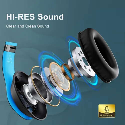 Miniatura 3 de Auriculares Bluetooth inalámbricos con micrófono, cubren las orejas, 65H de tiempo de reproducción, auriculares estéreo HiFi con modos 6EQ, Azul