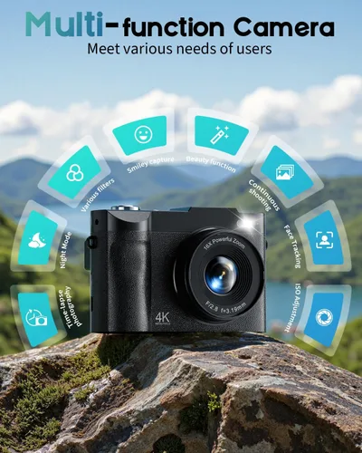 Miniatura 4 de Cámara digital 4K para fotografía, cámara de 50MP para videoblogs de YouTube, cámaras compactas con pantalla giratoria de 2.8" de 180°, zoom digital