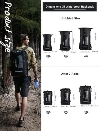 Miniatura 4 de IDRYBAG Mochila impermeable para hombres 20L/30L/40L, bolsa seca flotante para kayak, mochila seca para senderismo Negro