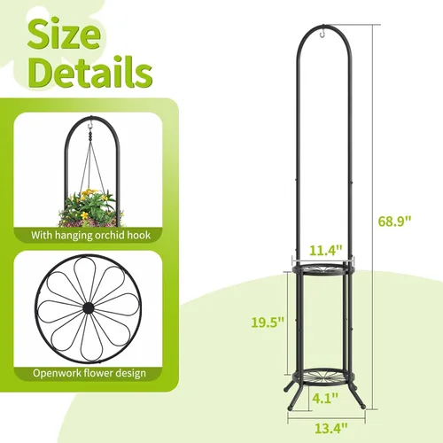 Miniatura 7 de BMOSU Soporte para plantas con ganchos para interiores y exteriores, soporte alto de metal resistente de 3 niveles para plantas, para patio, jardín