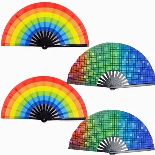 Miniatura 10 de 4 abanicos de mano arcoíris grandes para mujer, abanico holográfico grande de mano arcoíris para Burlesque, Drag Queen, trajes de festival y orgullo