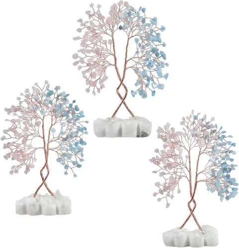 Miniatura 5 de SUNYIK Árbol de dinero de cuarzo rosa y aguamarina con base de cuarzo de roca de doble corazón, hecho a mano, envuelto en alambre, árbol de la vida