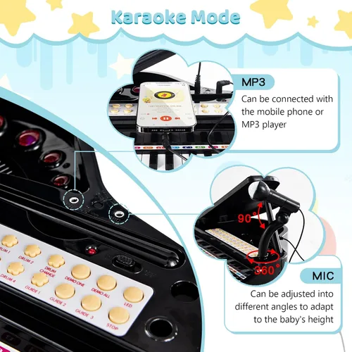 Miniatura 3 de Costzon Piano para niños, mini teclado de juguete de piano de cola de 31 teclas con micrófono, taburete y luces, piano electrónico portátil, juguete