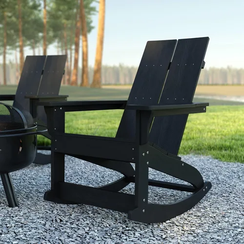 EMMA + OLIVER Harmon Adirondack - Silla mecedora de poliresina negra, adecuada para uso en interiores y exteriores, materiales para todo tipo de