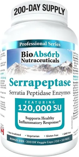 Bio Absorb Serrapeptasa Enzima, alta potencia 120000 unidades (SPU), suministro de 200 días, cápsulas vegetarianas de liberación retardada (DRcaps)