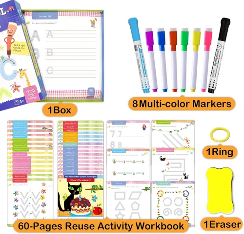 Miniatura 2 de Actividades de Aprendizaje Preescolar 60 Páginas Reutilizables, Libro de Práctica de Escritura de Letras y Números para Niños, Juguetes