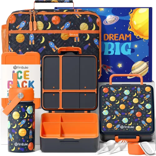 Fimibuke - Lonchera Bento para niños con 4 compartimentos, bolsa de almuerzo aislada, botella de agua aislada de acero inoxidable, paquete de hielo