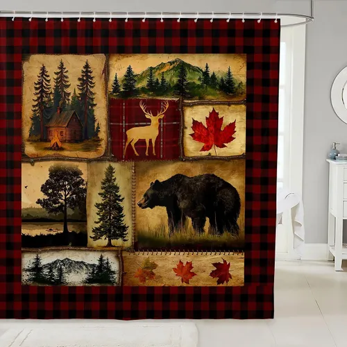 Miniatura 20 de Erosebridal Cortina de ducha de animales del bosque, cortina de ducha de oso ciervo, lobo, cortina de ducha de baño, cortina de baño impermeable