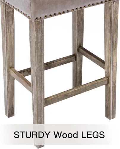 Miniatura 6 de Juego de 4 taburetes de bar con asiento de silla de montar de 29 pulgadas, taburetes de bar de piel sintética, sillas de bar de madera con cabeza