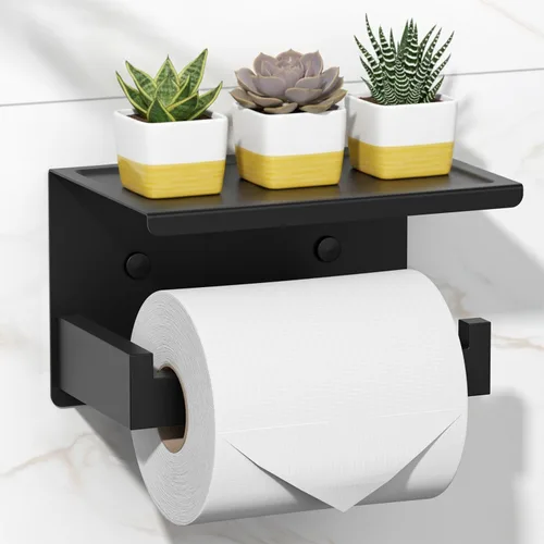 Miniatura 12 de HITSLAM Soporte de papel higiénico con estante, soporte para rollo de papel higiénico cromado autoadhesivo o montaje en pared con estante