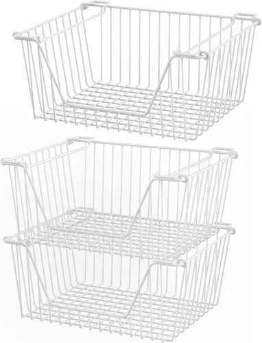 Miniatura 13 de Cestas de metal apilables de alambre resistente, organizador de gabinete de despensa de alambre con asa para el hogar, baño, cocina, organización