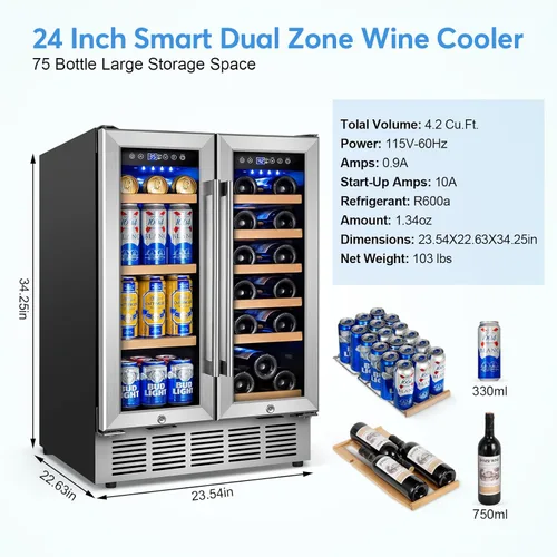 Miniatura 8 de FoMup - Refrigerador de vino y bebidas con puerta de vidrio, refrigerador de vino de 24 pulgadas, doble zona debajo del mostrador - 18 botellas y 88