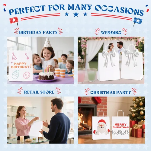 Miniatura 7 de Bolsas de papel blanco MESHA con asas 10x5x13 pulgadas, paquete de 50, grandes bolsas de regalo de papel kraft con asas a granel para pequeñas
