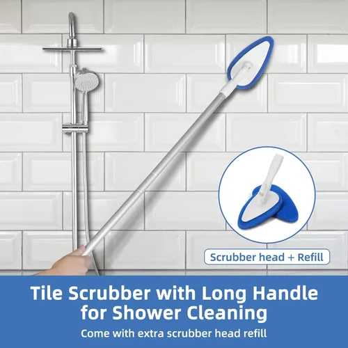 Miniatura 2 de Qaestfy Cepillo de limpieza para bañera y azulejos con mango largo ajustable de 51 pulgadas, cepillo de limpieza de bloqueo en su lugar, cabezal