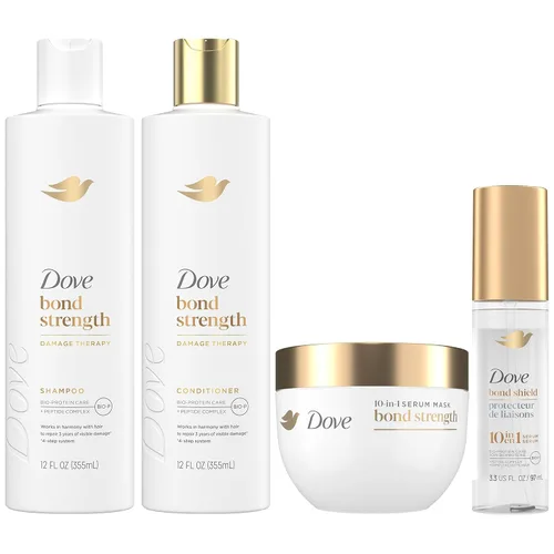 Dove Fuerza de Enlace, Sistema de Terapia de Daños – Champú, Acondicionador, Suero Escudo 10-en-1 y Mascarilla de Péptidos, Tratamiento de