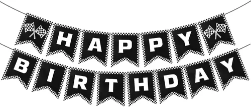 Cartel de feliz cumpleaños de coche de carreras, decoraciones de fiesta de coche de carreras, bandera a cuadros en blanco y negro, bandera de fiesta