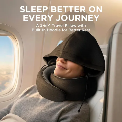 Miniatura 2 de Dot&Dot Travel Pillow Neck Pillow with Hood for Airplane Sleeping, Memory Foam Pillow with Chin Support, Detachable Hoodie, Washable Cover