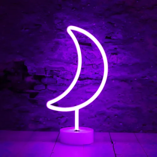 Miniatura 2 de Letreros LED de neón de luna, luces nocturnas moradas de media luna con USB, funciona con pilas, lámpara de luna para fiesta de cumpleaños, boda